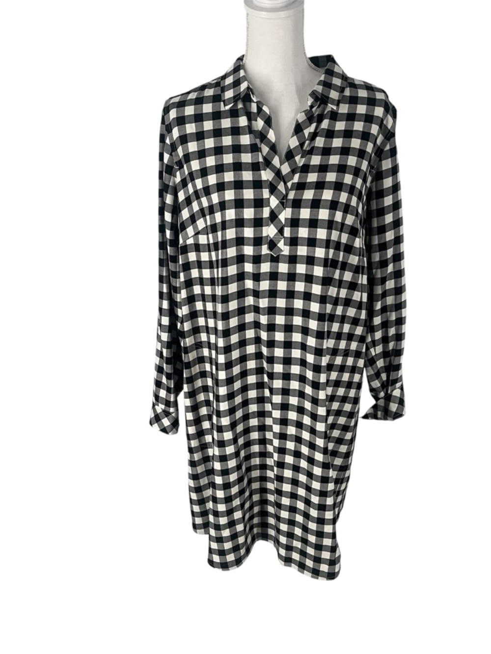 J. Jill Black White Gingham Buffalo Check Tunic Dress Size Medium Roll Sleeve